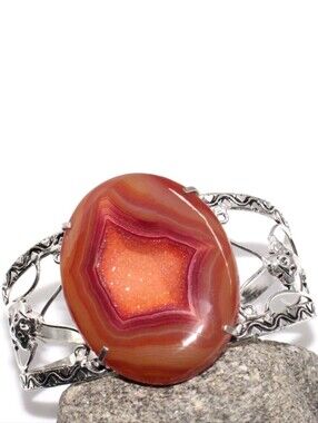 Carnelian Onyx Druzy Gemstone 925 Sterling Silver Adjustable Cuff Bracelet